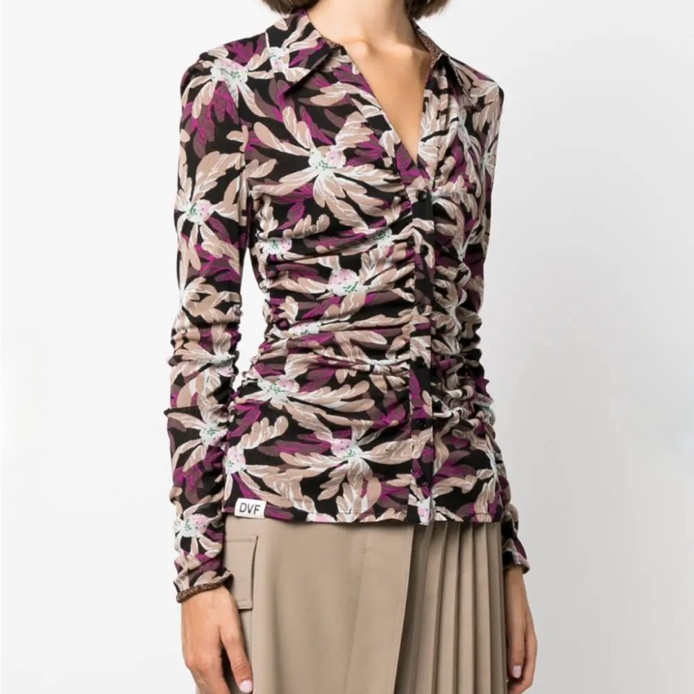 Diane Von Furstenberg Floral Ruched Button-Front Long Sleeve Reversable Top